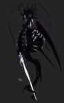  absurdres black_wings bug centipede creature full_body grey_background highres holding holding_sword holding_weapon kamikiririp monster no_humans original solo sword tail weapon wings 