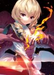  1girl blonde_hair cape drill_hair embers erika_wagner highres kawamaki_uni long_hair looking_at_viewer red_eyes short_sword solo sword twin_drills twintails under_night_in-birth under_night_in-birth_exe:late[st] weapon 