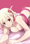  1girl blonde_hair breasts cleavage closed_mouth collarbone commentary dated hair_ribbon highres large_breasts looking_at_viewer lycoris_recoil nii_manabu nishikigi_chisato panties pink_background pink_panties red_eyes red_ribbon ribbon short_hair signature simple_background smile solo underwear 