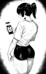  1girl absurdres alternate_costume ass cellphone cellphone_photo closed_mouth fingernails from_behind glasses greyscale highres holding holding_phone jujutsu_kaisen long_hair monochrome phone ponytail profile round_eyewear shirt short_shorts short_sleeves shorts solo t-shirt thighs zen&#039;in_maki zovokia 