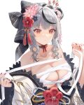  1girl bare_shoulders black_choker black_hair blush breasts chest_sarashi choker cleavage closed_mouth collarbone commentary_request flower grey_hair hair_flower hair_ornament hair_stick hands_up highres hololive japanese_clothes kanzashi kimono large_breasts looking_down medium_hair mishimahachi multicolored_hair nail_polish obi pink_flower red_eyes red_nails sakamata_chloe sakamata_chloe_(new_year) sarashi sash sidelocks simple_background solo streaked_hair sweat sweatdrop upper_body virtual_youtuber wavy_hair white_background white_kimono 