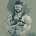  1boy bara chest_hair chris_redfield closed_mouth facial_hair highres holding holding_knife holding_weapon holster instagram_username knife large_pectorals male_focus male_pubic_hair monochrome muscular muscular_male navel nipples nude pectorals pubic_hair resident_evil resident_evil_village short_hair shoulder_holster solo upper_body weapon weibo_username youngyee_art 