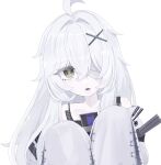  1girl ahoge bandage_over_one_eye bare_shoulders grey_eyes grey_hair hair_between_eyes hair_intakes hair_ornament leeum8s looking_at_viewer lower_teeth_only no.21:_xxi_(punishing:_gray_raven) no.21_(punishing:_gray_raven) open_mouth pale_skin punishing:_gray_raven sidelocks sleeves_past_fingers sleeves_past_wrists solo suspenders teeth x_hair_ornament 