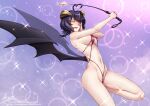  1girl adsouto ahoge bikini black_hair breasts demon_wings forward_facing_horns glowing glowing_eyes hand_on_own_face heart heart_ahoge highres hiiragi_utena holding_riding_crop large_breasts looking_at_viewer low_wings magia_baiser mahou_shoujo_ni_akogarete riding_crop signature solo string_bikini swimsuit tongue tongue_out wings yellow_eyes 