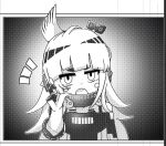  1girl and_uge bane_mk-2 binary blunt_bangs circle_facial_mark finger_counting flipped_hair greyscale halftone hand_up highres long_hair looking_at_viewer medium_bangs monochrome nanashi_inc. notice_lines open_mouth solo thick_eyebrows upper_body virtual_youtuber winding_key 