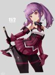  1girl alice_gear_aegis armor armored_dress armored_gloves bare_shoulders black_pantyhose blunt_bangs character_name closed_mouth commentary_request contrapposto dress gloves grey_background holding holding_weapon ichijou_ayaka looking_at_viewer pantyhose purple_eyes purple_hair red_cat_hood red_dress red_gloves signature simple_background smile solo thighs twintails weapon 