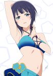  1girl arm_up armpits asaka_karin bikini blue_bikini blue_eyes blue_hair breasts highres large_breasts love_live! love_live!_nijigasaki_high_school_idol_club nagi_mkrnpn navel signature smile solo stomach swimsuit upper_body 