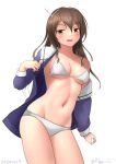  1girl ashigara_(kancolle) ashigara_kai_ni_(kancolle) bikini breasts brother_and_sister brown_eyes brown_hair groin hairband jacket kantai_collection long_hair looking_at_viewer medium_breasts military_jacket military_uniform navel one-hour_drawing_challenge open_clothes open_jacket purple_jacket ray.s siblings solo swimsuit uniform wavy_hair white_bikini white_hairband 