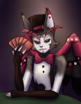 anthro clothed clothing demon demonic digital_media_(artwork) domestic_cat etanolllll felid feline felis fur hat hazbin_hotel headgear headwear hi_res husk_(hazbin_hotel) male mammal membrane_(anatomy) membranous_wings simple_background solo teeth white_body wings