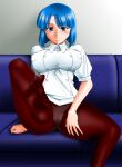  1girl barefoot blue_eyes blue_hair blush bob_cut breasts couch covered_nipples hand_on_floor hand_on_own_thigh highres large_breasts looking_at_viewer medium_hair mokkouyou_bond nipples no_pants on_couch panties panties_under_pantyhose pantyhose serizawa_miki shiny_skin shirt short_hair sitting solo spread_legs super_real_mahjong toes underwear white_shirt 