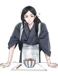  1girl apron black_eyes black_hair blue_kimono bowl chopsticks commentary_request deerwhisky food highres japanese_clothes kimono long_hair low_side_ponytail original simple_background single_sidelock solo sparkle white_apron white_background 