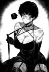  1girl ? absurdres alternate_breast_size bare_shoulders black_dress breasts burn_scar cleavage collar collarbone cowboy_shot criss-cross_straps dress elbow_gloves expressionless floral_print garter_straps glasses gloves greyscale highres holding holding_leash holding_own_leash jujutsu_kaisen lace-trimmed_thighhighs large_breasts leash looking_at_viewer low_neckline messy_hair monochrome round_eyewear scar scar_on_arm scar_on_face scar_on_leg shiny_skin short_hair simple_background sleeveless sleeveless_dress solo spaghetti_strap spoken_question_mark sweat thighhighs very_short_hair vignetting white_background zen&#039;in_maki zovokia 