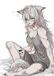  1girl alternate_costume animal_ears arknights bare_shoulders between_legs blush breasts camisole cleavage commentary_request drooling eyes_visible_through_hair full_body grey_camisole grey_eyes grey_tail hair_between_eyes highres lappland_(arknights) long_hair looking_ahead medium_breasts messy_hair mutomorokoshi open_mouth oripathy_lesion_(arknights) scar scar_across_eye sharp_teeth simple_background sitting sketch solo spaghetti_strap strap_slip tail tail_between_legs teeth upper_teeth_only waking_up white_background wolf_ears wolf_girl wolf_tail 