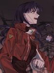  1girl bad_id bad_twitter_id commentary_request cropped_jacket cross_pendant highres jacket katsuragi_misato long_hair looking_up neon_genesis_evangelion profile red_jacket solo turtleneck_shirt ulov390 upper_body 