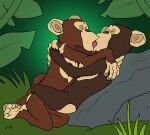 ape bodily_fluids chimpanzee dreamworks duo embrace eyes_closed forest french_kissing haplorhine hi_res hug igotdragons jungle kissing legs_around_partner madagascar_(series) male male/male mammal mason_(madagascar) outside pan_(genus) phil_(madagascar) plant primate saliva the_penguins_of_madagascar tongue tongue_out tree