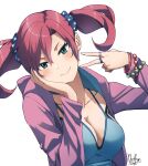  artist_name black_bra blue_camisole blue_eyes blush bra breasts camisole cleavage collarbone digimon digimon_story:_cyber_sleuth hand_on_own_face head_tilt highres hood hooded_jacket jacket jewelry large_breasts looking_at_viewer nathan_stefv pink_jacket red_hair ring shiramine_nokia short_twintails signature smile twintails underwear v 