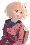  1girl backpack bag blonde_hair blue_ribbon collared_shirt commentary dress hair_ribbon hashtag_only_commentary highres long_sleeves lycoris_recoil lycoris_uniform neck_ribbon nishikigi_chisato one_side_up open_mouth red_dress red_eyes red_ribbon ribbon shirt short_hair simple_background solo tokira_nozumi upper_body white_background white_shirt 