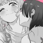  2girls blush closed_mouth commentary ear_piercing earrings greyscale greyscale_with_colored_background heart heart_earrings highres jewelry monochrome multiple_girls nacl_022 necklace one_eye_closed original piercing screentones sparkle spot_color symbol-only_commentary upper_body yuri 