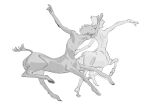  2boys arm_up arms_up centaur facing_away facing_to_the_side full_body greyscale highres hooves horse_tail huahua_zhu male_focus monochrome monster_boy multiple_boys original running short_hair simple_background solo tail taur white_background 