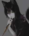 1girl animal_ear_fluff animal_ears aoi_ogata artist_name black_hair black_shirt blue_eyes clip_studio_paint_(medium) closed_mouth commentary commission english_commentary gradient_hair grey_background hair_between_eyes highres holding holding_weapon kunai looking_at_viewer multicolored_hair original purple_hair shirt short_sleeves simple_background smile solo tail upper_body weapon 