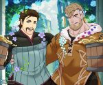  2boys alcohol alois_rangeld arts_of_hasarath bara beer blonde_hair blue_eyes brown_hair couple cowboy_shot facial_hair fire_emblem fire_emblem:_three_houses flower forest hair_flower hair_ornament happy highres jeralt_reus_eisner large_pectorals long_sleeves looking_at_viewer male_focus mature_male multiple_boys muscular muscular_male mustache nature pectorals short_hair side-by-side smile thick_eyebrows valentine yaoi 