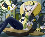  bad_id blonde_hair blue_eyes cameo crossed_legs emolga fuuro_(pokemon) gen_1_pokemon gen_5_pokemon headphones joltik kamitsure_(pokemon) klink looking_at_viewer navel pantyhose pikachu poke_ball pokemoa pokemon pokemon_(creature) pokemon_(game) premier_ball reshiram sitting stunfisk 