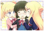  3girls alice_cartelet alice_carteret black_hair blonde_hair blue_eyes blush kin-iro_mosaic kiss kujou_karen long_hair mocchi multiple_girls oomiya_shinobu open_mouth school_uniform short_hair yuri 