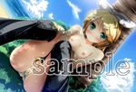  beach bikini blonde_hair breasts cloud day green_eyes kagamine_rin massan nipples sample short_hair sky small_breasts solo striped striped_bikini striped_swimsuit swimsuit vocaloid wet 