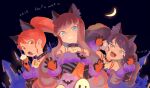  3girls :d animal_ear_fluff bare_shoulders black_collar black_gloves black_hair blue_eyes brown_hair claw_pose collar commentary_request cowboy_shot crescent dress eating food food_on_face fur-trimmed_dress fur_trim gaaruru_(pripara) gloves halloween halloween_costume hands_up headphones holding holding_food kurosu_aroma long_hair looking_at_viewer machico_maki multiple_girls open_mouth ponytail pretty_series pripara red_hair shiratama_mikan sidelocks smile standing twintails 