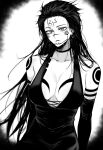  1girl absurdres arm_tattoo bare_shoulders black_dress breasts choker cleavage closed_mouth collarbone cowboy_shot dress earrings elbow_gloves expressionless facial_tattoo genderswap genderswap_(mtf) gloves greyscale halter_dress halterneck highres jewelry jujutsu_kaisen large_breasts long_hair looking_at_viewer messy_hair monochrome plunging_neckline ryoumen_sukuna_(jujutsu_kaisen) solo sweat tattoo very_long_hair vignetting zovokia 