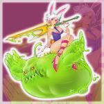  absurdres animal_ears battle_bunny_riven belt breasts bunny_ears bunnysuit cleavage ejami goo_guy heart heart-shaped_pupils highres huge_filesize league_of_legends medium_breasts monster_boy red_eyes riding riven_(league_of_legends) short_hair slime sword symbol-shaped_pupils weapon white_hair yellow_eyes zac zoom_layer 