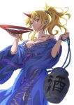  1girl alcohol blonde_hair blue_kimono breasts cleavage cup gyouza_(mhea5724) high_ponytail highres holding holding_cup horns hoshiguma_yuugi hoshiguma_yuugi_(kimono) japanese_clothes kimono large_breasts long_hair long_sleeves looking_at_viewer obi official_alternate_costume open_mouth red_eyes red_horns sakazuki sake sash simple_background single_horn solo touhou white_background wide_sleeves 
