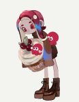  1girl blue_hair boots brown_footwear brown_sweater closed_mouth cross-laced_footwear cupcake food highres holding holding_food leaning_forward li04r long_hair multicolored_hair octoling_girl octoling_player_character octopus oversized_food oversized_object red_eyes red_hair simple_background solo splatoon_(series) sweater tentacle_hair two-tone_hair white_background 