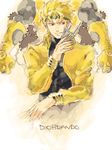  blonde_hair dio_brando headband heart jacket jojo_no_kimyou_na_bouken knife multiple_boys omi_(tyx77pb_r2) red_eyes stand_(jojo) stardust_crusaders the_world yellow_jacket 