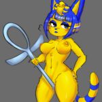 absurd_res animal_crossing ankh ankha_(animal_crossing) anthro bodily_fluids breasts felid feline female genital_fluids hi_res mammal masturbation nintendo nipples pinup pose ranillopa solo vaginal_fluids wide_hips