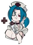  +_+ 1girl blue_hair breasts candy chocolate chocolate_bar cleavage commentary cxdotchison evil_smile eyepatch food gloves hat highres large_breasts nurse nurse_cap ponytail red_eyes scar scar_on_face skullgirls smile solo symbol-only_commentary upper_body valentine_(skullgirls) white_background white_gloves 