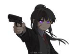  1girl black_hair black_jacket chinese_commentary closed_mouth collared_shirt commentary_request glaring grey_vest gun handgun highres holding holding_gun holding_weapon inoue_takina jacket long_hair long_sleeves looking_at_viewer lycoris_recoil necktie ponytail purple_eyes red_necktie shirt simple_background solo suit_jacket sunglasses upper_body vest waistcoat weapon white_background white_shirt yanlingjinshilihuahua 