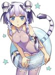  bare_shoulders blue_eyes braid chinese_clothes double_bun haku_(p&amp;d) innertube kibanda_gohan puzzle_&amp;_dragons silver_hair solo star tail thighhighs tiger_stripes tiger_tail 