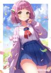  1girl blue_skirt blurry blurry_background blush cardigan closed_mouth cloud collared_shirt commentary_request day eyelashes falling_petals hair_ornament hairclip hand_up highres lacey_(pokemon) long_sleeves looking_at_viewer outdoors petals pleated_skirt pokemon pokemon_sv purple_cardigan purple_hair rena_rin shirt skirt sky smile solo sparkle thighs yellow_eyes 