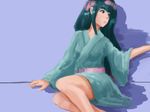  against_wall bare_legs green_hair japanese_clothes katanagatari kimono long_hair low-tied_long_hair siaothe-sheep sitting solo very_long_hair yasuri_nanami 