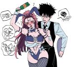  1boy 1girl animal_ears arm_tattoo black_hair blush bottle bow bowtie drunk extra_eyes facial_tattoo fushiguro_megumi genderswap genderswap_(mtf) highres holding holding_bottle jujutsu_kaisen long_hair looking_at_viewer mesuki_peropero rabbit_ears red_eyes red_hair ryoumen_sukuna_(jujutsu_kaisen) simple_background speech_bubble tagme tattoo waiter white_background 