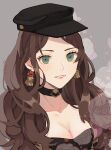  1girl black_choker black_headwear breasts brown_hair choker cleavage collarbone commentary_request dorothea_arnault earrings eyelashes fire_emblem fire_emblem:_three_houses flower green_eyes grey_background hat highres jewelry long_hair looking_at_viewer parted_lips pink_lips smile solo tassel tassel_earrings teeth upper_body yachimata_1205 