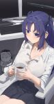  1girl 1other absurdres black_skirt blue_archive blush breasts button_gap cleavage coffee commentary cup doodle_sensei_(blue_archive) halo highres holding holding_cup indoors keyboard_(computer) large_pectorals looking_at_viewer mm_(mhm2592) monitor mug open_collar pectorals purple_eyes purple_hair sensei_(blue_archive) shirt shirt_tucked_in sitting skirt steam two_side_up under_table white_shirt yuuka_(blue_archive) 