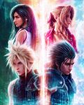  2boys 2girls absurdres aerith_gainsborough armor bare_shoulders black_hair blonde_hair blue_eyes breasts brown_hair buster_sword choker closed_mouth cloud_strife commentary earrings english_commentary final_fantasy final_fantasy_vii final_fantasy_vii_rebirth final_fantasy_vii_remake from_side green_eyes hair_ribbon hair_slicked_back highres jacket jewelry large_breasts long_hair multiple_boys multiple_girls parted_bangs pink_ribbon profile red_eyes red_jacket ribbon short_hair shoulder_armor single_bare_shoulder single_earring sleeveless sleeveless_turtleneck spiked_hair suspenders sweater swept_bangs sword sword_on_back tank_top tifa_lockhart turtleneck turtleneck_sweater tylor_hepner upper_body weapon weapon_on_back white_tank_top zack_fair 