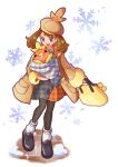  1girl :d alternate_costume arutarika_(ri_kaoekaki) bag brown_coat brown_headwear buttons coat commentary_request eyelashes fur-trimmed_coat fur_trim grey_eyes hat highres holding long_sleeves looking_down may_(pokemon) open_mouth pantyhose pokemon pokemon_(creature) pokemon_oras scarf shoes smile snowflakes socks standing torchic white_background white_socks 