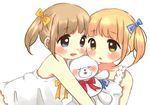  bad_id bad_pixiv_id blonde_hair blue_eyes blush brown_hair child dress hair_ribbon highres hug kohane_(copinc) multiple_girls original ribbon short_twintails simple_background smile stuffed_animal stuffed_toy teddy_bear twintails white_background yellow_eyes 