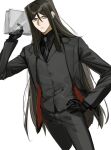  1boy bags_under_eyes black_gloves black_hair black_necktie black_shirt book closed_mouth cropped_legs fate_(series) gloves hair_between_eyes hand_on_own_hip highres holding holding_book long_hair long_sleeves looking_at_viewer lord_el-melloi_ii male_focus necktie shirt solo tokoni_fusu very_long_hair waver_velvet white_background 