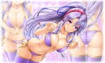  1girl argyle argyle_background ass bare_arms bare_shoulders bikini blue_ribbon breasts cleavage collarbone commentary_request commission dutch_angle fire_emblem fire_emblem:_genealogy_of_the_holy_war grin groin hair_between_eyes hair_ribbon highres kamiya_tomoe large_breasts lifted_by_self long_hair looking_at_viewer multiple_views navel outline parted_bangs pixiv_commission ponytail purple_bikini purple_eyes purple_hair purple_thighhighs ribbon side-tie_bikini_bottom skindentation smile strap_lift swimsuit tailtiu_(fire_emblem) thighhighs very_long_hair white_outline 
