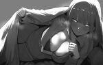  1girl absurdres blush bra breasts chainsaw_man closed_mouth greyscale highres large_breasts long_hair long_sleeves looking_at_viewer lying makima_(chainsaw_man) monochrome on_bed on_side open_clothes open_shirt pants ringed_eyes smile solo under_covers underwear zovokia 