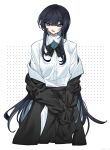  1girl ado_(utaite) black_bow black_bowtie black_coat black_hair black_pants blue_eyes blue_flower blue_rose bow bowtie chando_(ado) cloud_nine_inc coat collared_shirt colored_inner_hair commentary cowboy_shot cropped_legs dress_shirt flower flower_brooch hashtag_only_commentary highres long_hair long_sleeves lower_teeth_only mole mole_under_eye multicolored_hair off_shoulder open_mouth pants phossscinnn rose shirt sleeves_past_fingers sleeves_past_wrists sleeves_tied_together solo sweatdrop teeth tied_sleeves two-tone_hair utaite very_long_hair white_background white_shirt 
